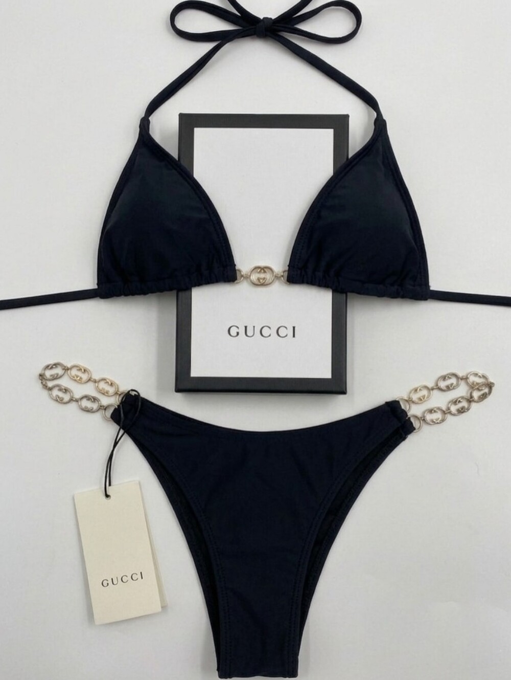 NWT ✨🖤 GUCCI 🖤✨ Black Bikini with Gold GG Chains - Fits S-M